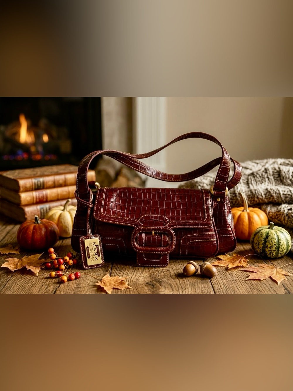 NWT Maxx New York Croc Embossed Shoulder Bag - Y2K Burgundy Buckle Purse